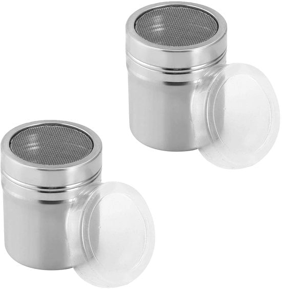Set di 2 cacao strooieri per cappuccino + molino di zucchero moderno | Strooier in acciaio inossidabile con coperchio a setaccio per cacao, sale e zucchero (dimensioni grandi, cucina/bottega/café)