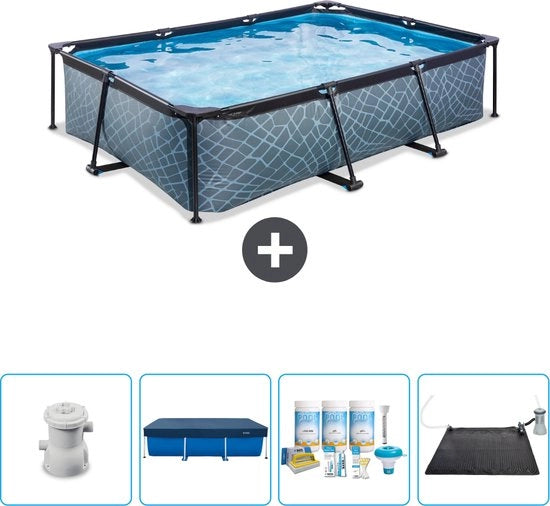 Piscina a forma rettangolare con cornice di pietra - 300 x 200 x 65 cm - Inclusa pompa copertura - Kit di manutenzione - Matrice solare