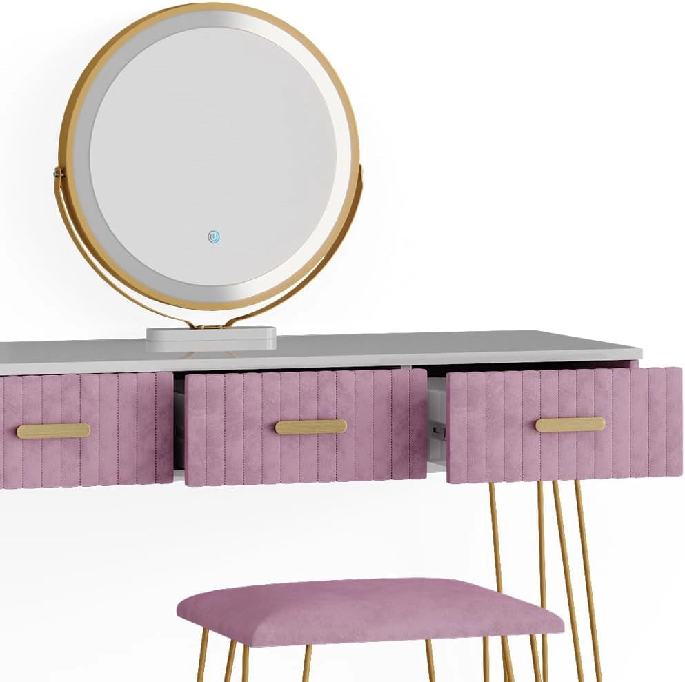 Tavolo da toeletta Layla, rosa, 100 cm con illuminazione LED e sgabello, con illuminazione a LED e panca imbottita
