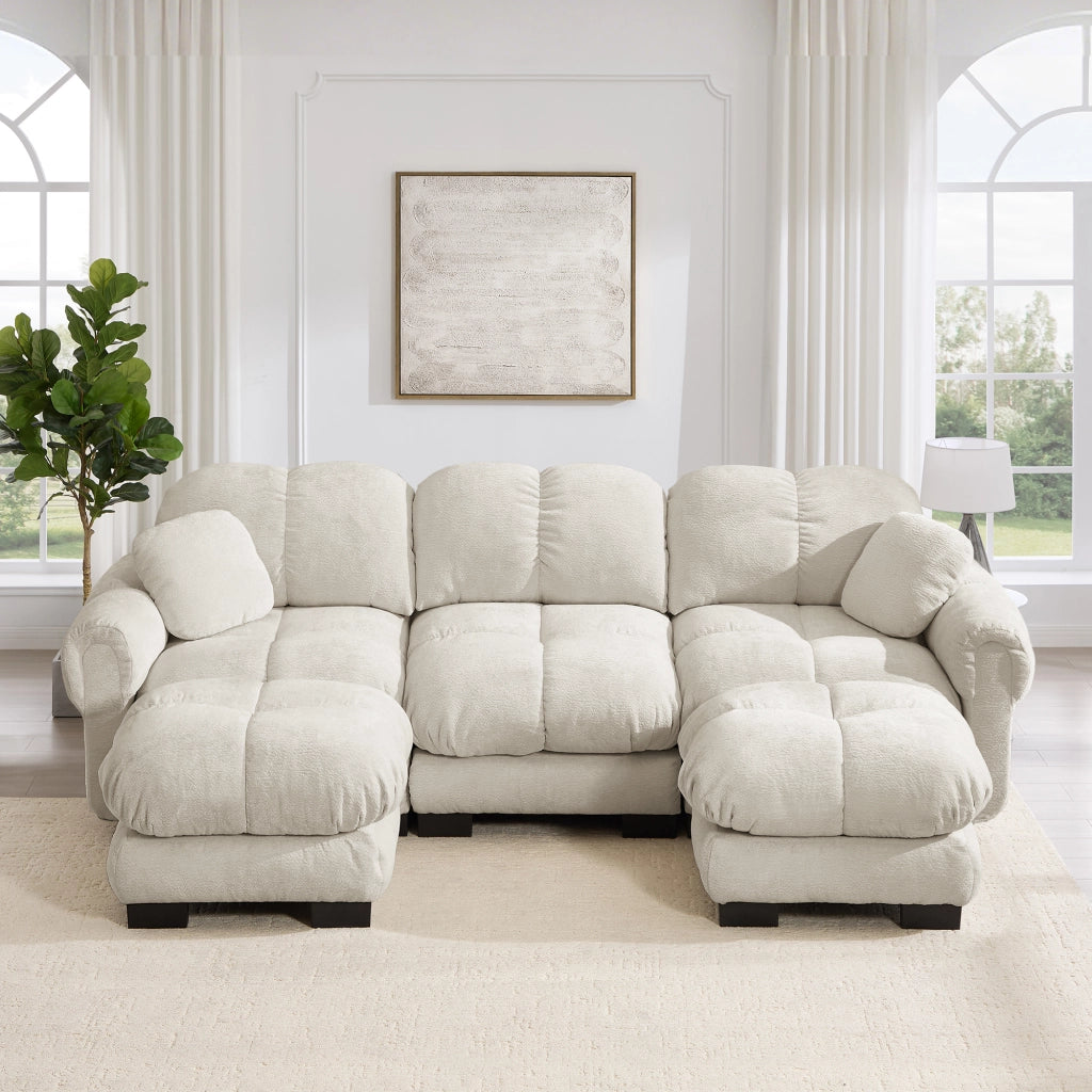 Divano panoramico a U 3 posti modulare con cuscini e seduta imbottita in chenille beige chiaro