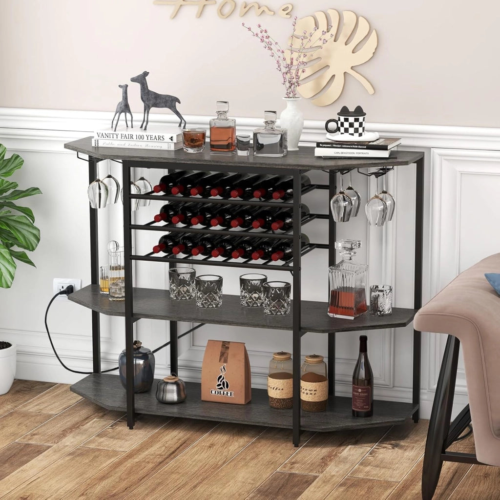 Credenza con portabottiglie per 21 bottiglie, Tavolo da cucina stretto con 2 porte USB e 2 prese, Portabottiglie a 3 livelli con portabicchieri, Tavolo portavino industriale Armadietto per