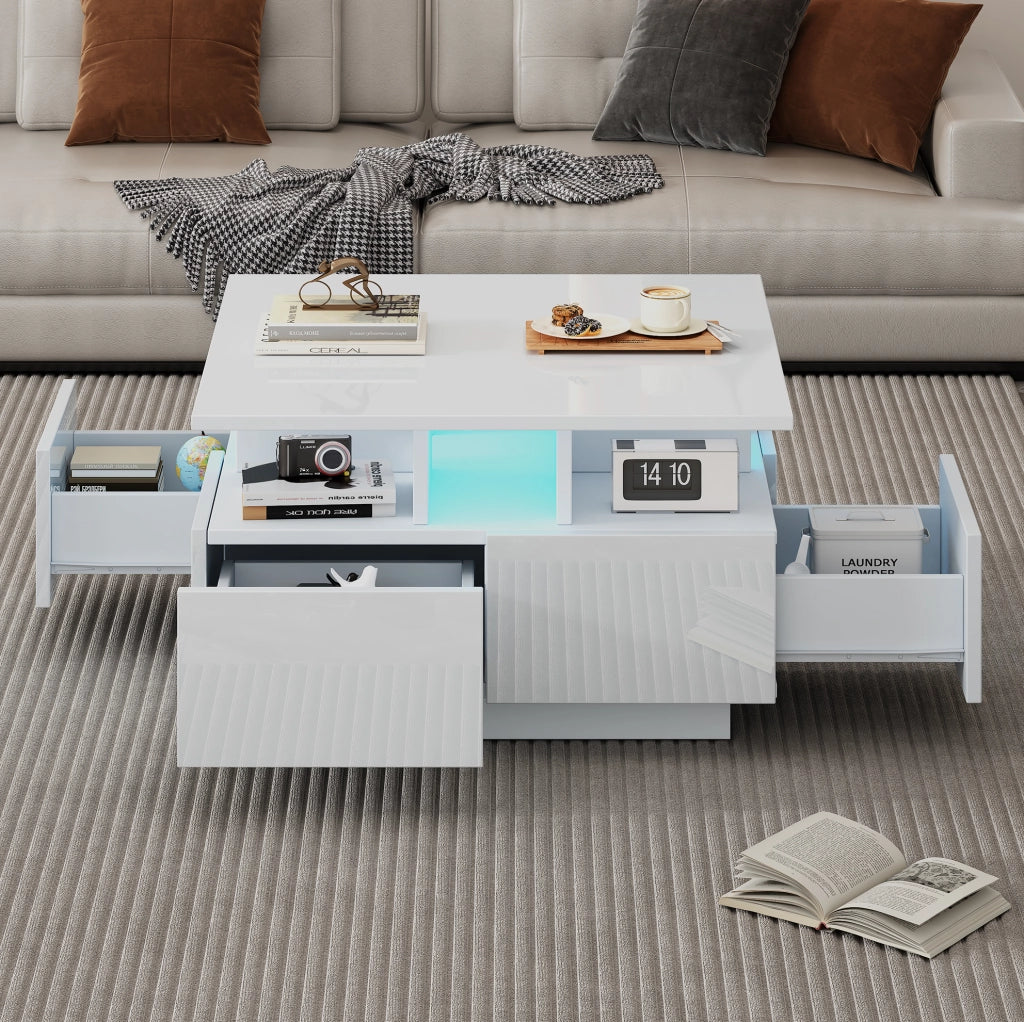 Tavolino da salotto cubico 70 x 70 x 40 cm bianco lucido con LED e 4 cassetti