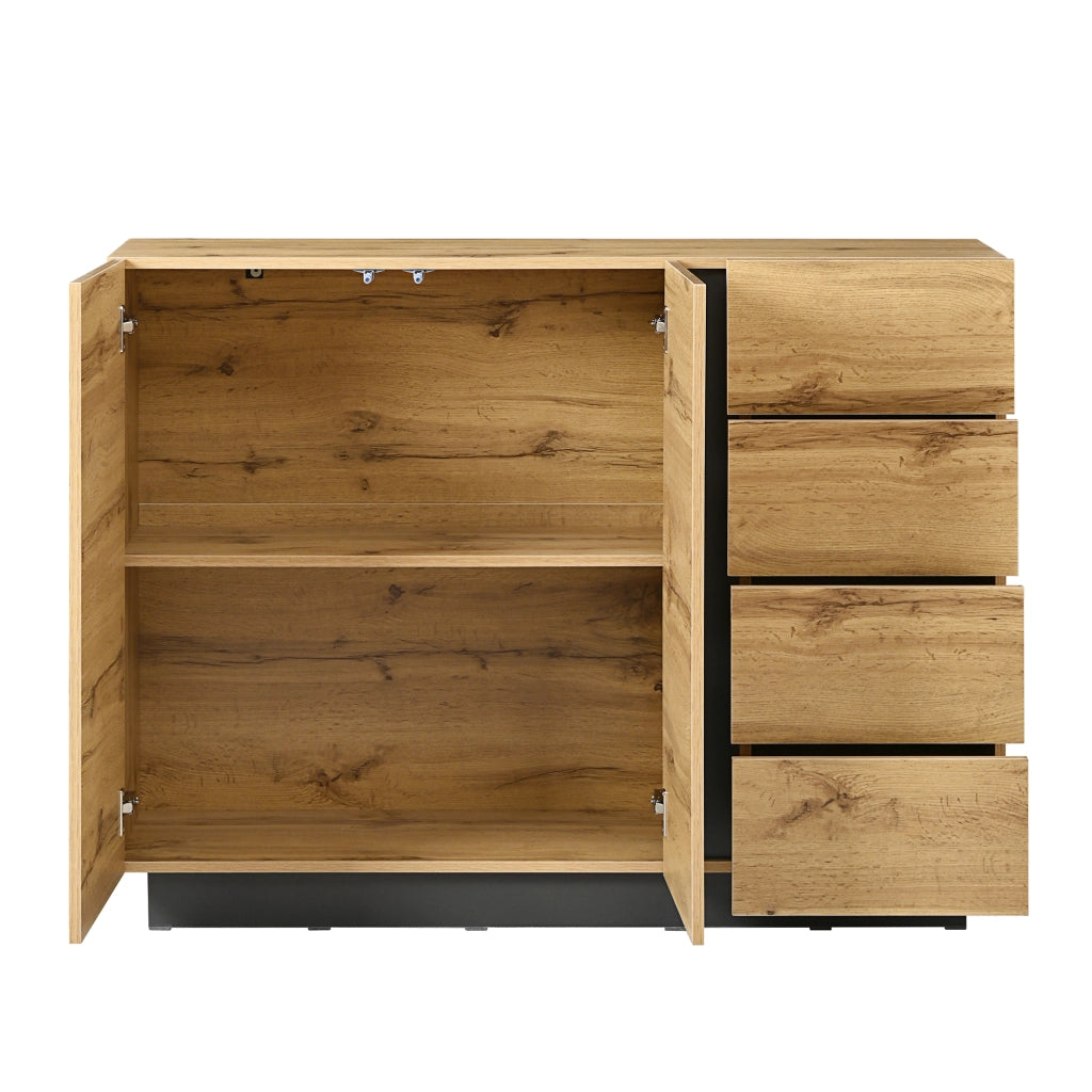 Credenza con 2 Ante e 4 Cassetti; Apertura a Pressione; Stile Moderno; in Pannello Truciolare; 120??35;5??90;5 cm; Nero e Naturale