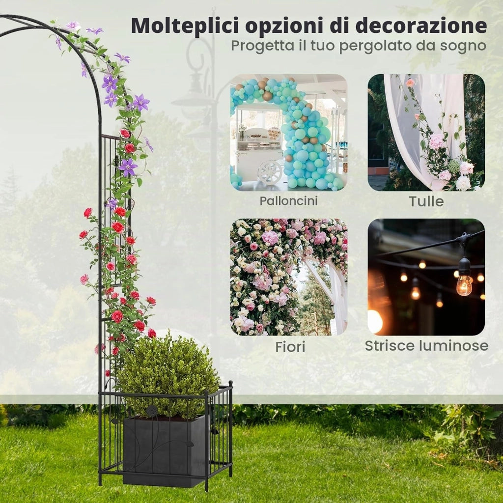 Arco da Giardino, Pergolato in Metallo con Fioriere Laterali, Arco da Esterno per Piante Rampicanti, Rose e Viti, Decorazione per Matrimonio e Festa, 198 x 49,5 x 221 cm