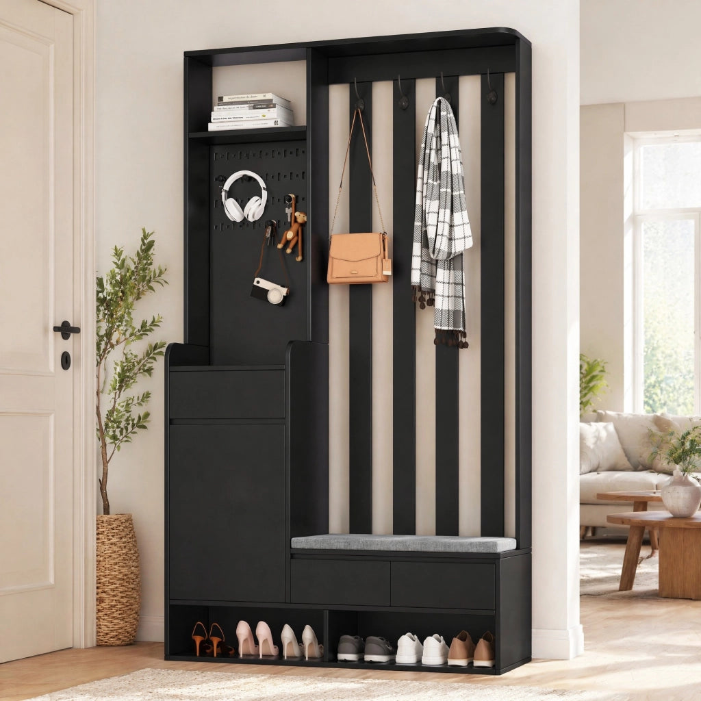 Appendiabiti da ingresso multifunzione con panca; pannello forato; 4 ganci e cassetto; nero; H180xL100xP35 cm