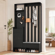 Appendiabiti da ingresso multifunzione con panca; pannello forato; 4 ganci e cassetto; nero; H180xL100xP35 cm