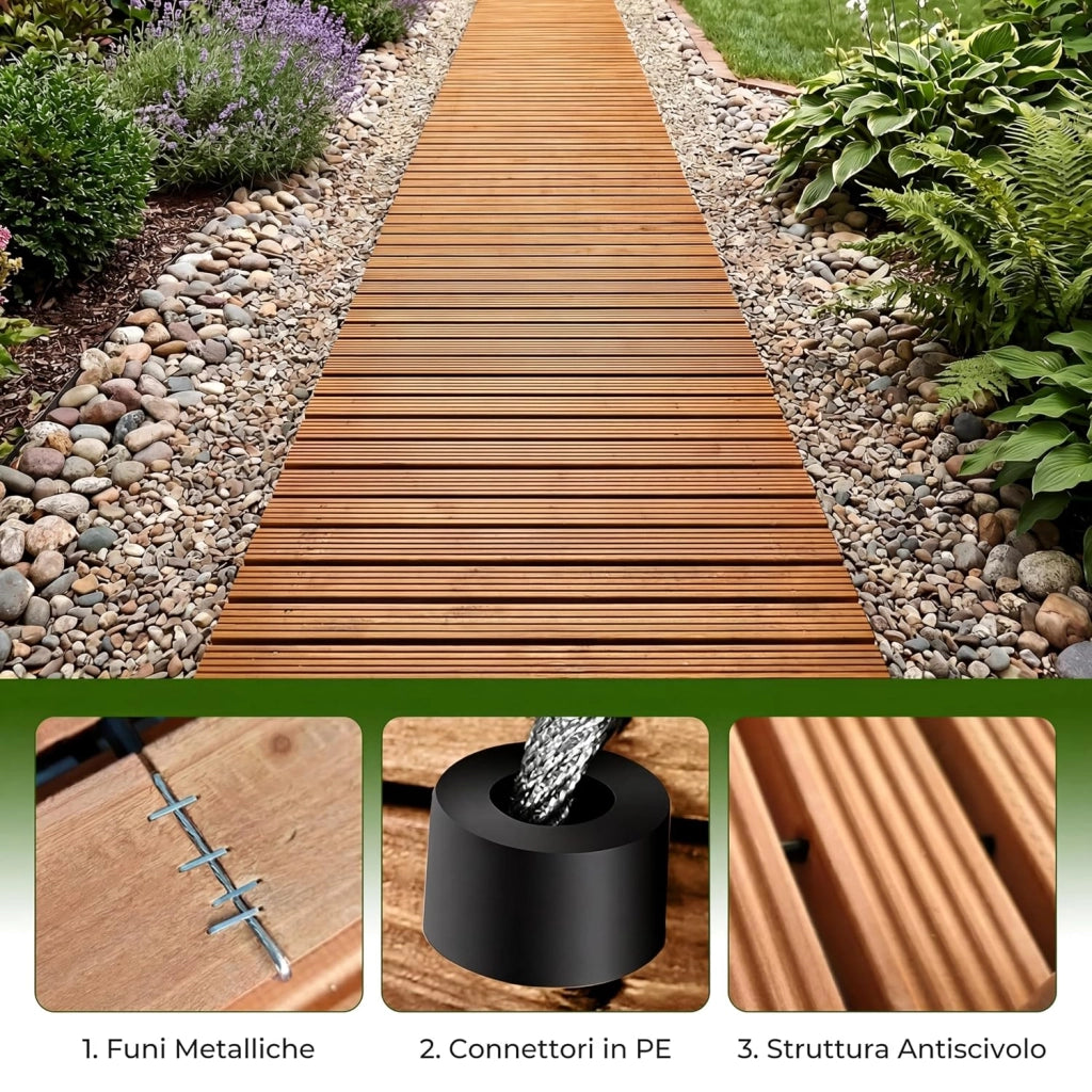 Sentiero da Giardino in Legno, Passerella Decorativa da Esterno, Superficie Antiscivolo, Collegamento con Fili Metallici, Sentiero Arrotolabile per Cortile e Spiaggia, 367 x 55 cm (Naturale)