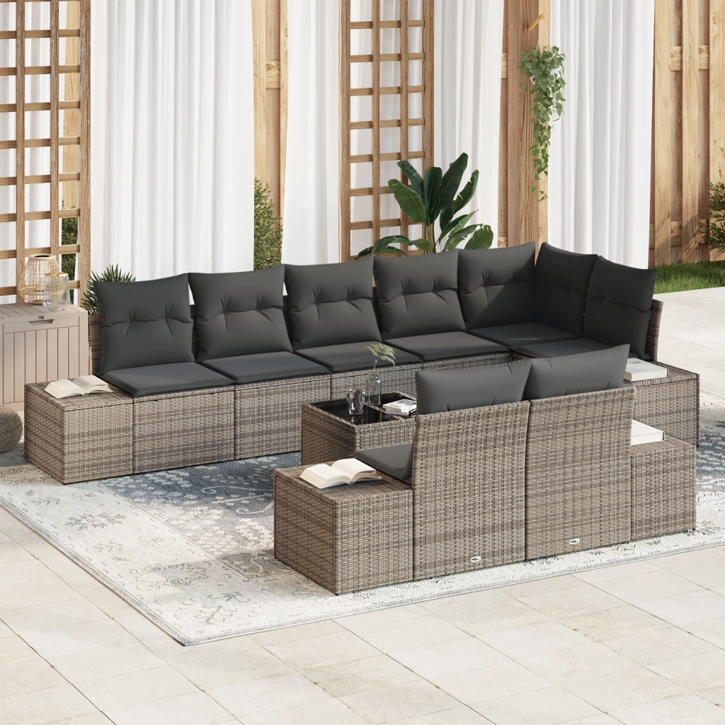 Set Divano da Giardino 8 Pezzi con Cuscini Grigi in Rattan Sintetico