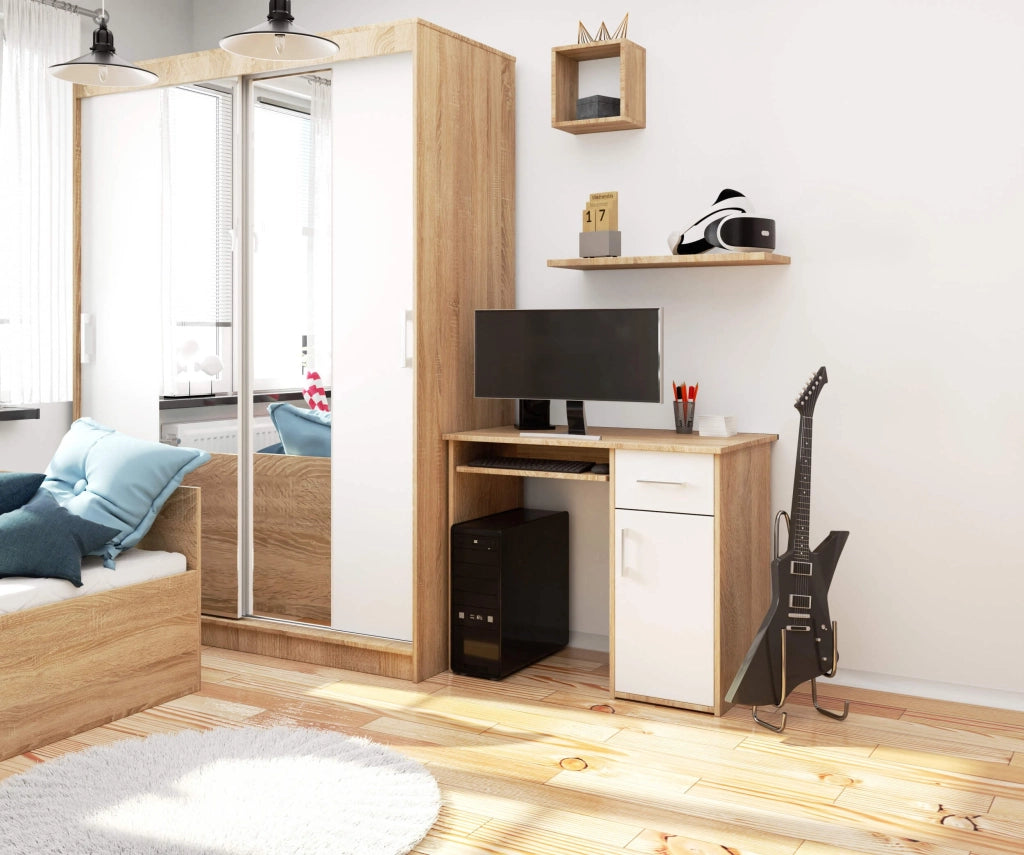 Scrivania AKORD PIN Sonoma Quercia 90 cm 1 anta 1 cassetto inserto frontale Bianco 90x50x74 cm