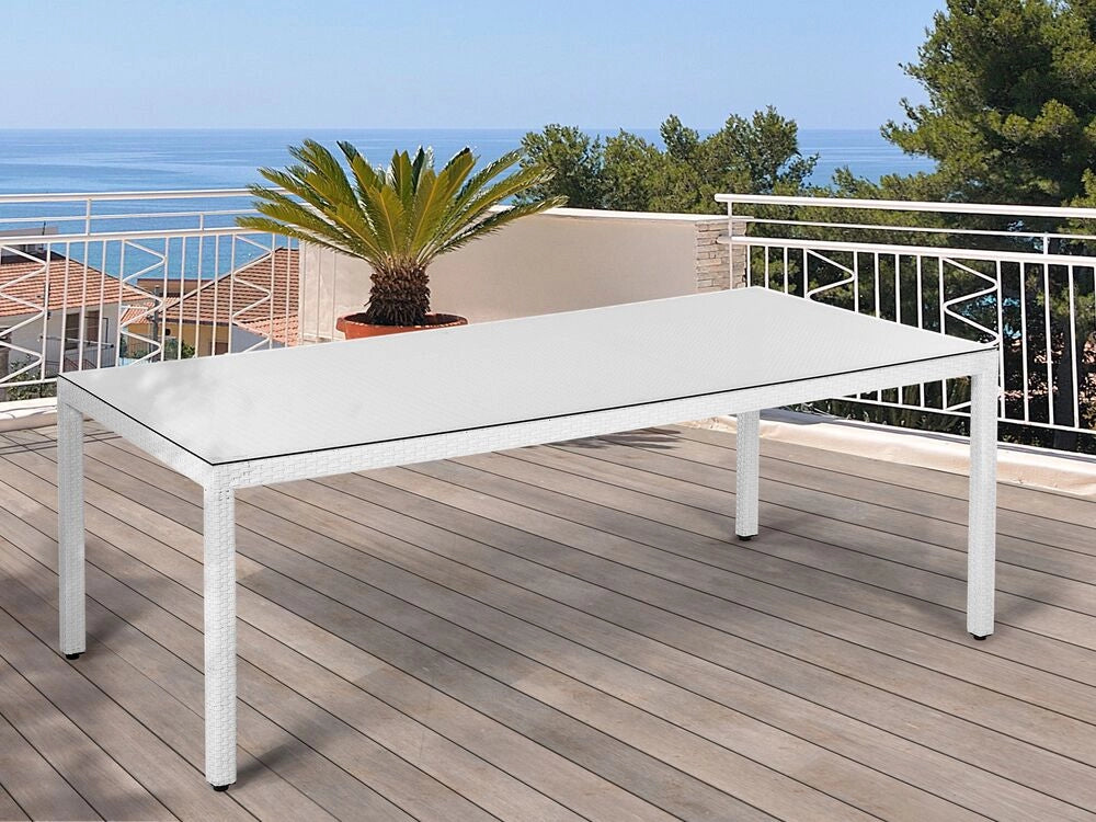 Tavolo da pranzo da giardino piano in vetro temperato rattan sintetico bianco 220 x 100 cm rettangolare a 8 posti