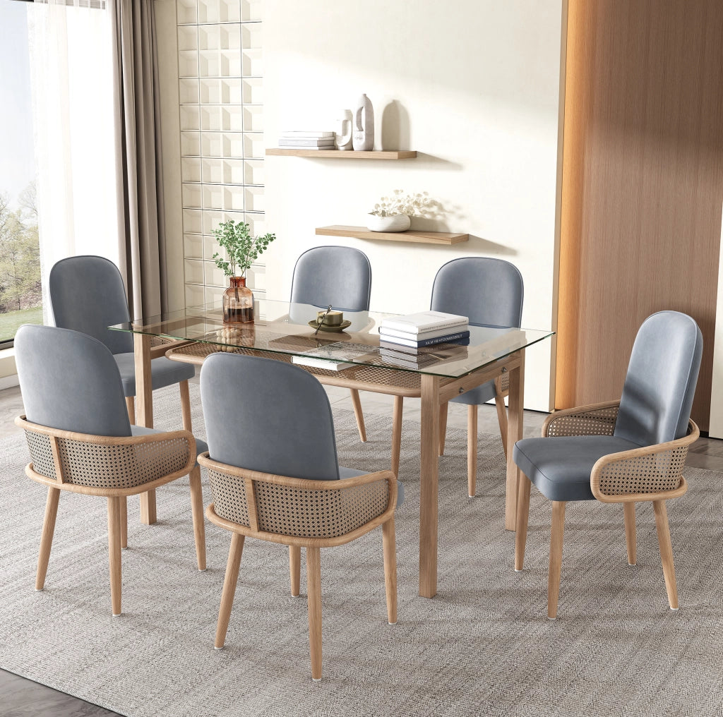 Set di 6 sedie da pranzo con design rattan; gambe in metallo e rivestimento in velluto; grigio