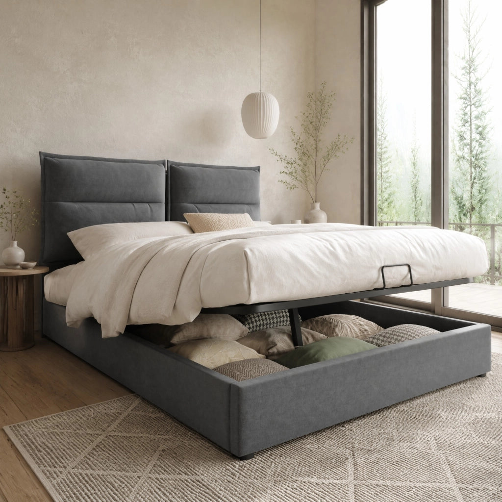 Letto matrimoniale imbottito 140x200 cm con testiera regolabile, rete sollevabile e contenitore, velluto grigio