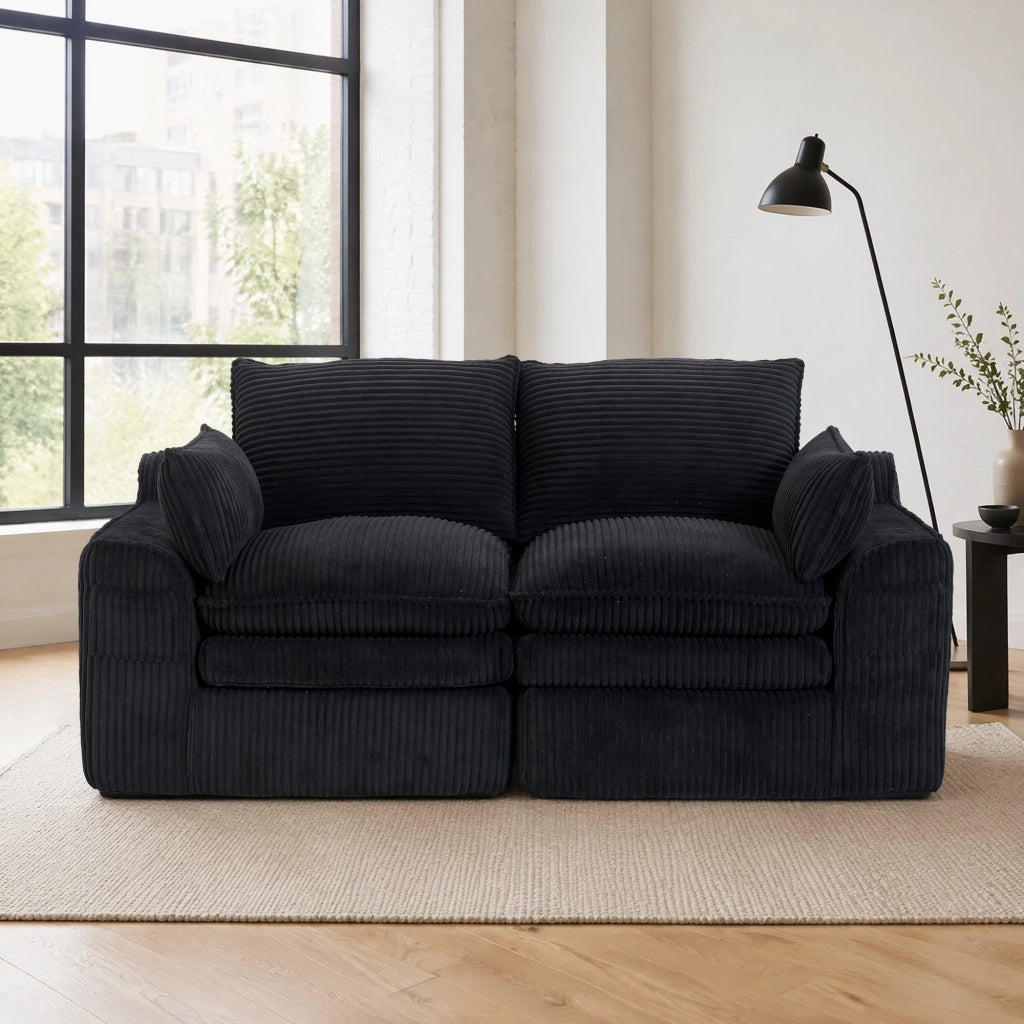 Divano 2 posti modulare in corduroy nero con tasche laterali, cuscini e struttura in schiuma a 3 strati con molle, 191×94×85 cm