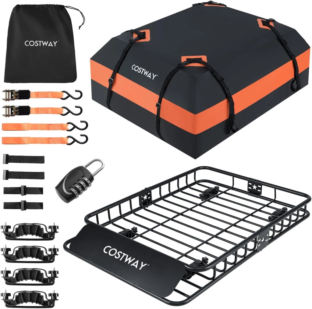 Portapacchi Auto da Tetto, Cestino Portapacchi da Tetto con Borsa per Bagagli e Cinghie a Cricchetto, Portata 90 kg, Barre Portatutto Universale per SUV, Camion, Berlina, 130 x 91 x 17 cm