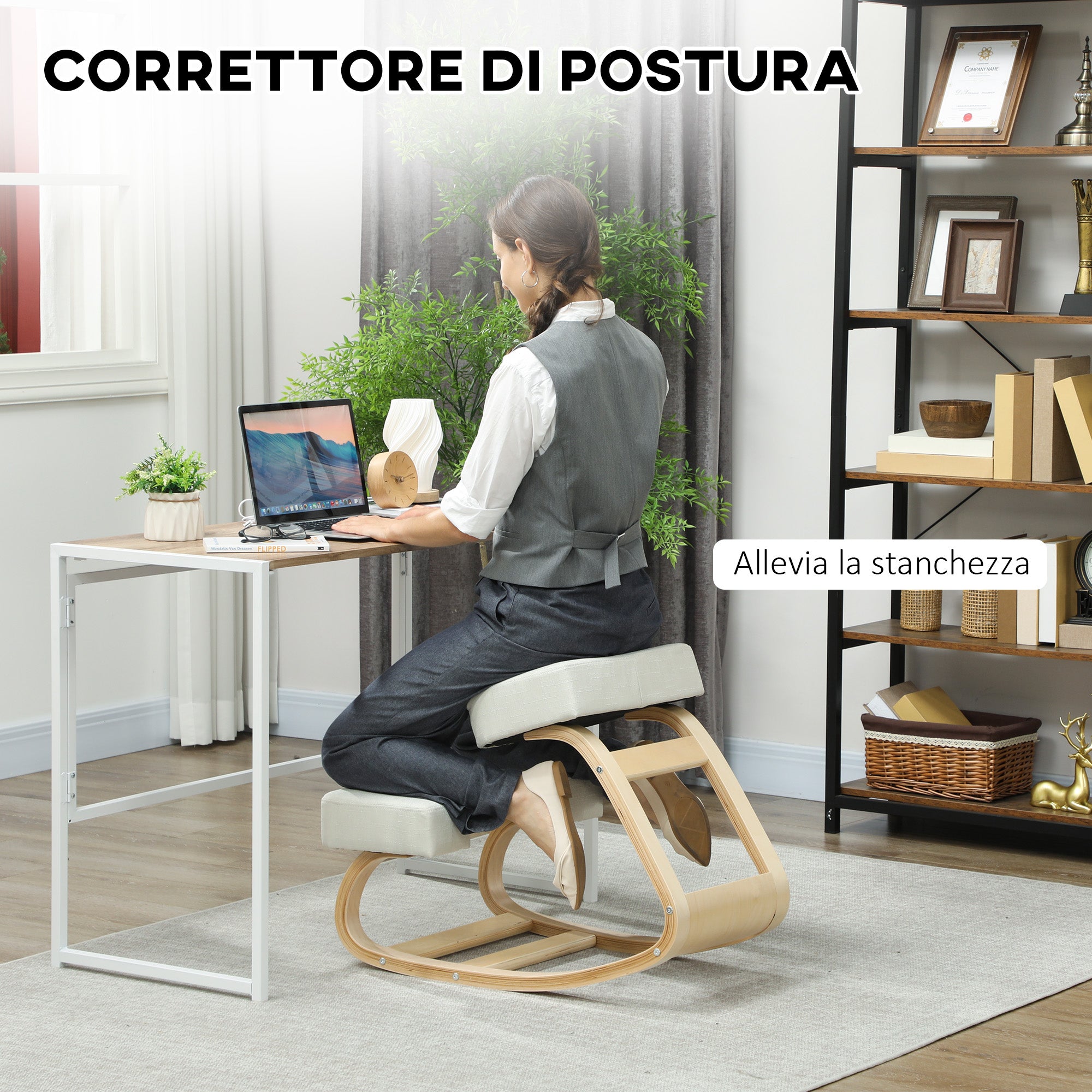 Sedia Ergonomica con Inginocchiatoio 51x69x58 cm in Legno di Betulla e Cuscini Crema