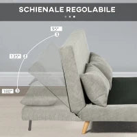 Divano Letto Matrimoniale con Schienale Regolabile e 2 Cuscini, in Tessuto Effetto Lino Grigio