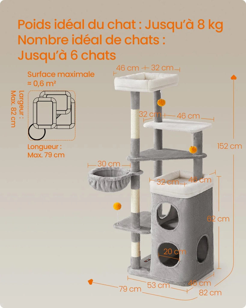 Tiragraffi alto 152 cm torre gioco per gatti a più livelli con 2 grandi cubbie 1 amaca 3 tiragraffi 3 piattaforme grigio 12_0003800