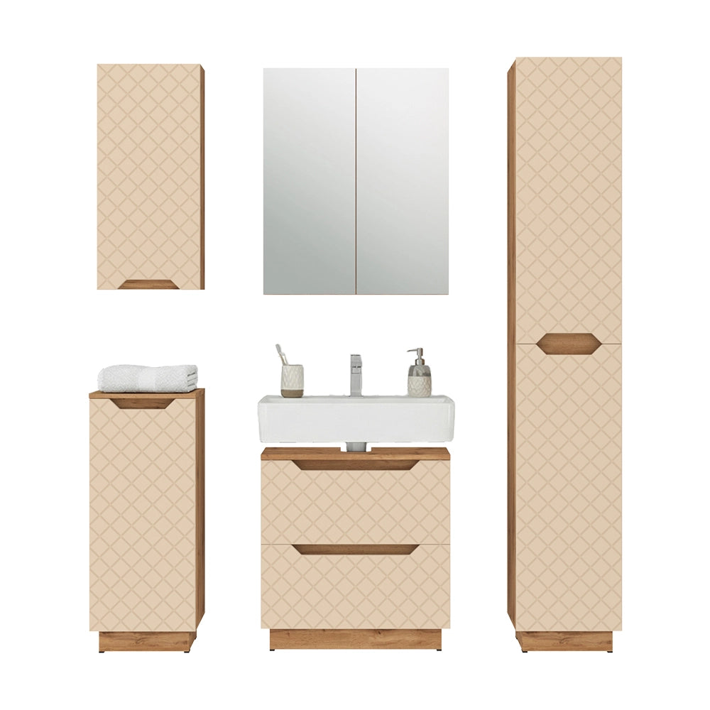 Vicco Set di mobili da bagno Rovere/cashmere con struttura in piastrelle 5 parti