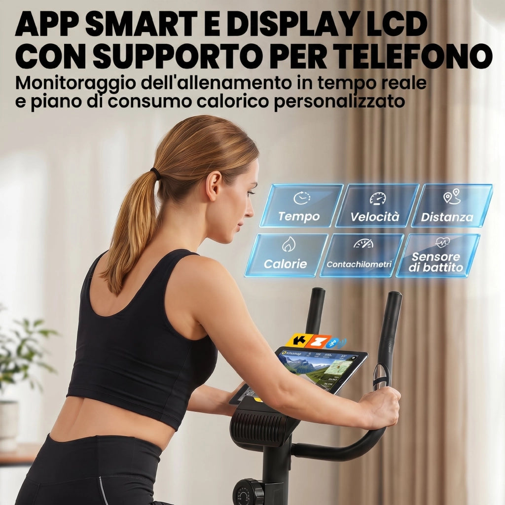 Cyclette Magnetica con Resistenza a 8 Livelli 86x51x128 cm Display LCD e App Bluetooth in Metallo Nero
