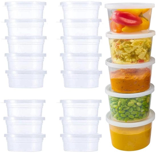 Confezione da 50 piccoli contenitori con coperchio per il contenimento di salse, salse, contenitori in plastica, contenitori a chiusura ermetica per cibi per pietanze, insalate, pasti da asporto, catering (100 ml)