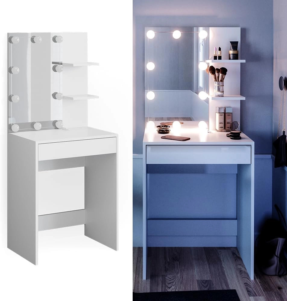 Tavolo da toeletta Isabelle, Bianco, 60 cm con illuminazione a LED, Salvaspazio e funzionale allo stesso tempo