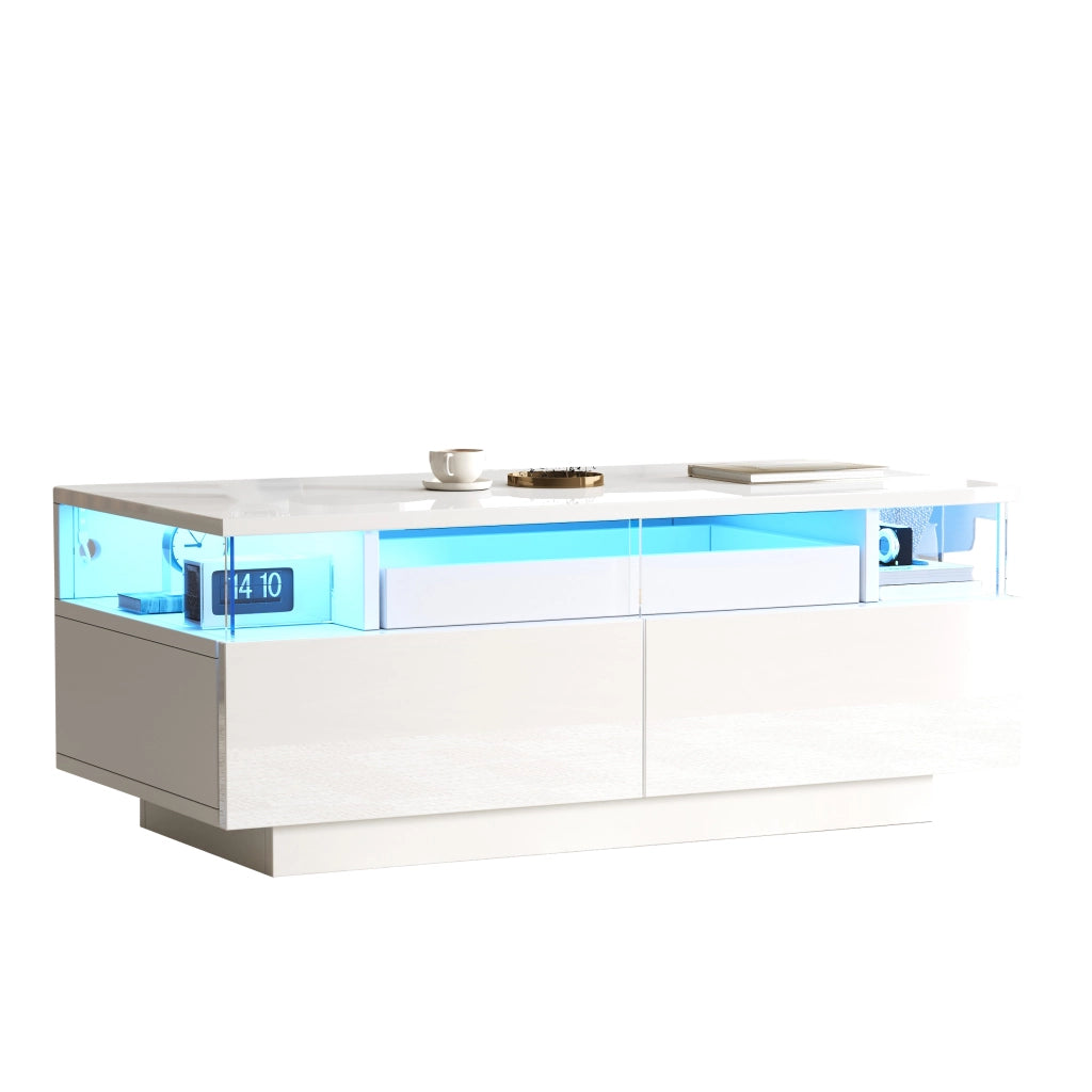 TAVOLINO DA SALOTTO 90x45x35,5 cm Bianco Lucido con 2 Cassetti e Vassoio