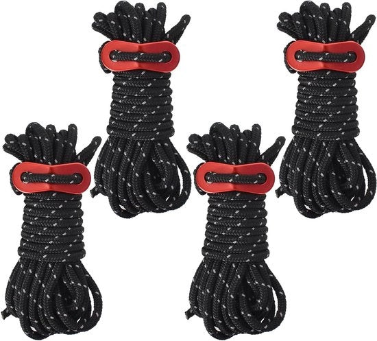 Set di 4 cordoni riflettenti per tenda da campeggio 4 m di lunghezza, diametro 4 mm - regolabili e impermeabili (rosso)