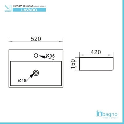 Lavabo da appoggio rettangolare 52x42 cm in ceramica bianco lucido