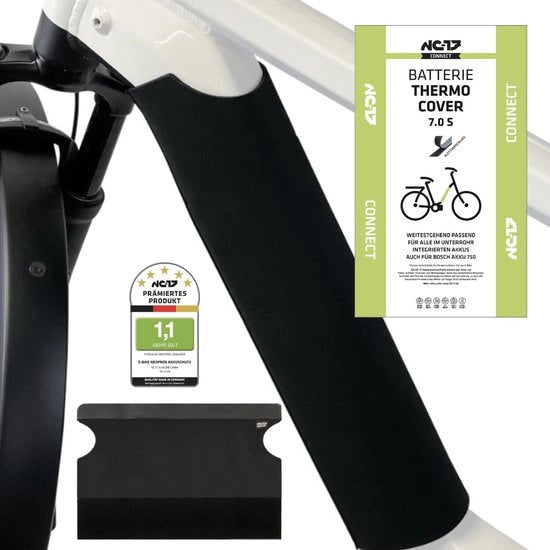 Protezione per batteria e-bike termica per accu integrato, lunghezza fino a 57 cm, diametro 27-38 cm, compatibile con Bosch 750, forma universale.