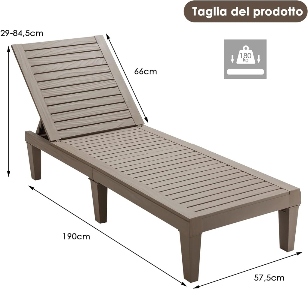 Lettino Prendisole da Giardino, Sdraio da Giardino Con Schienale Regolabile a 5 Livelli, Chaise Longue Impermeabili da Esterno, per Spiaggia Piscina Giardino, Portata 180 kg (2, Marrone)