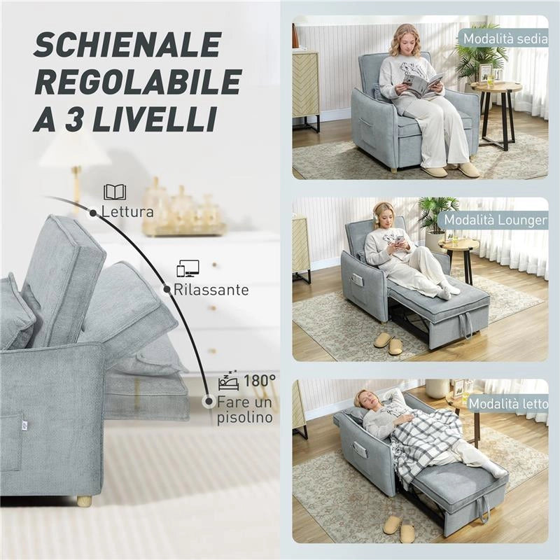 POLTRONA LETTO 3 IN 1 CON SCHIENALE RECLINABILE E CUSCINO, RIVESTIMENTO IN CINIGLIA, 88X84X87 CM, GRIGIO
