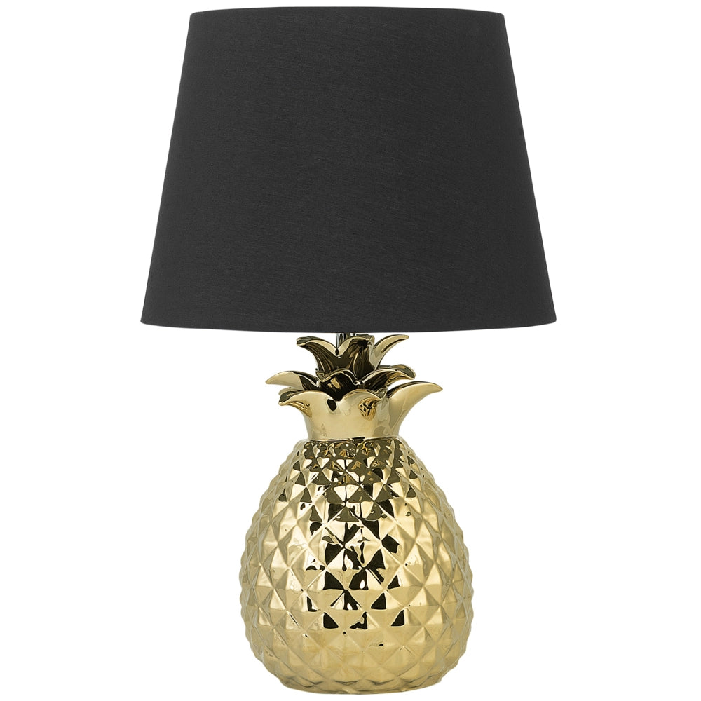 Lampada da tavolo decorativa dorato con base in ceramica nera lucida paralume in poliestere a forma di ananas dal design eclettico
