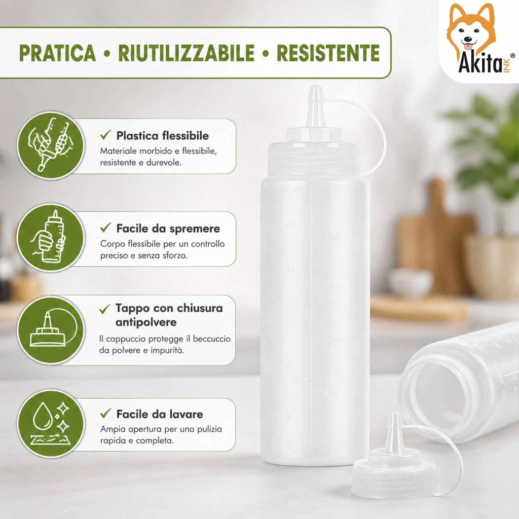 Akitaink Set 4 Bottiglie Squeeze per Salse 650 ml Dosatrici