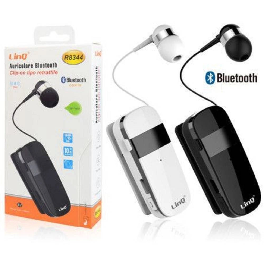 Trade Shop - Mono Auricolare Stereo Bluetooth Con Clip-on Retrattile R8344 Autonomia 10 Ore -