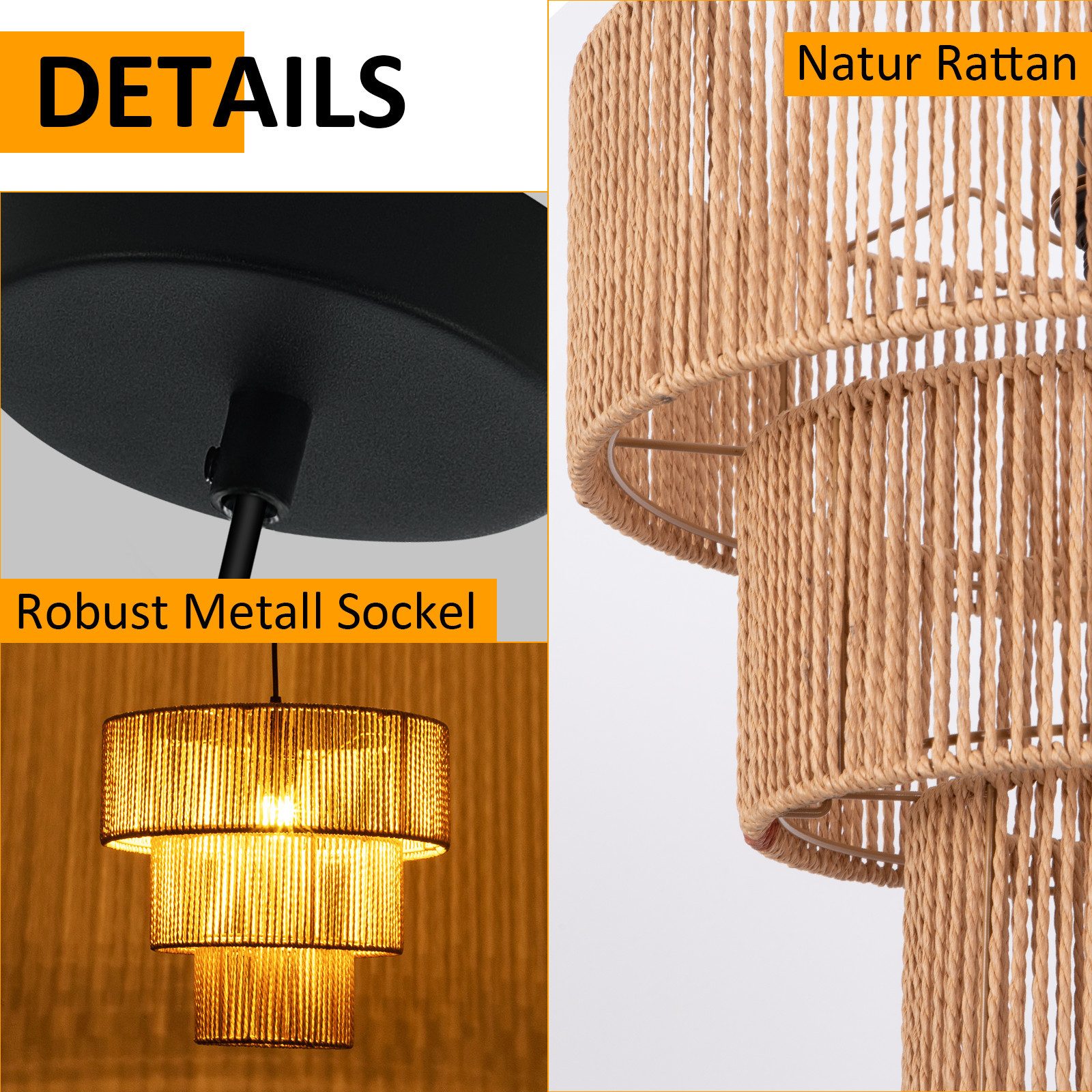 Lampada a sospensione ZMH per sala da pranzo 1 fiamma in rattan beige stile boho per bar e ristoranti