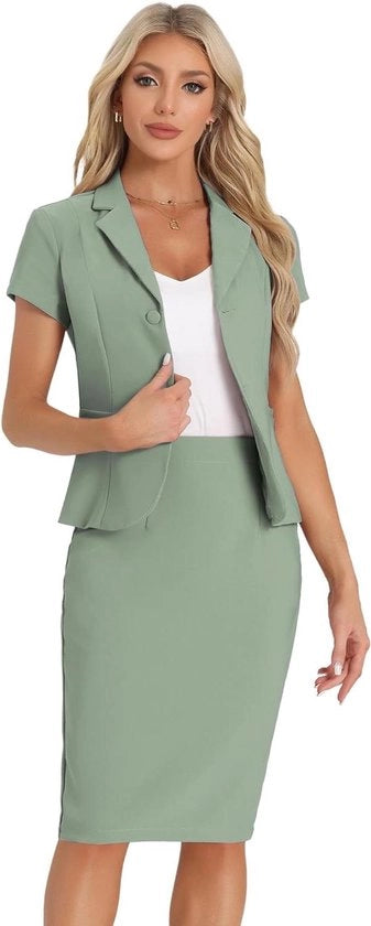 Abito da lavoro elegante per donne con maniche corte e pantalone a pastello verde XL - 2 pezzi