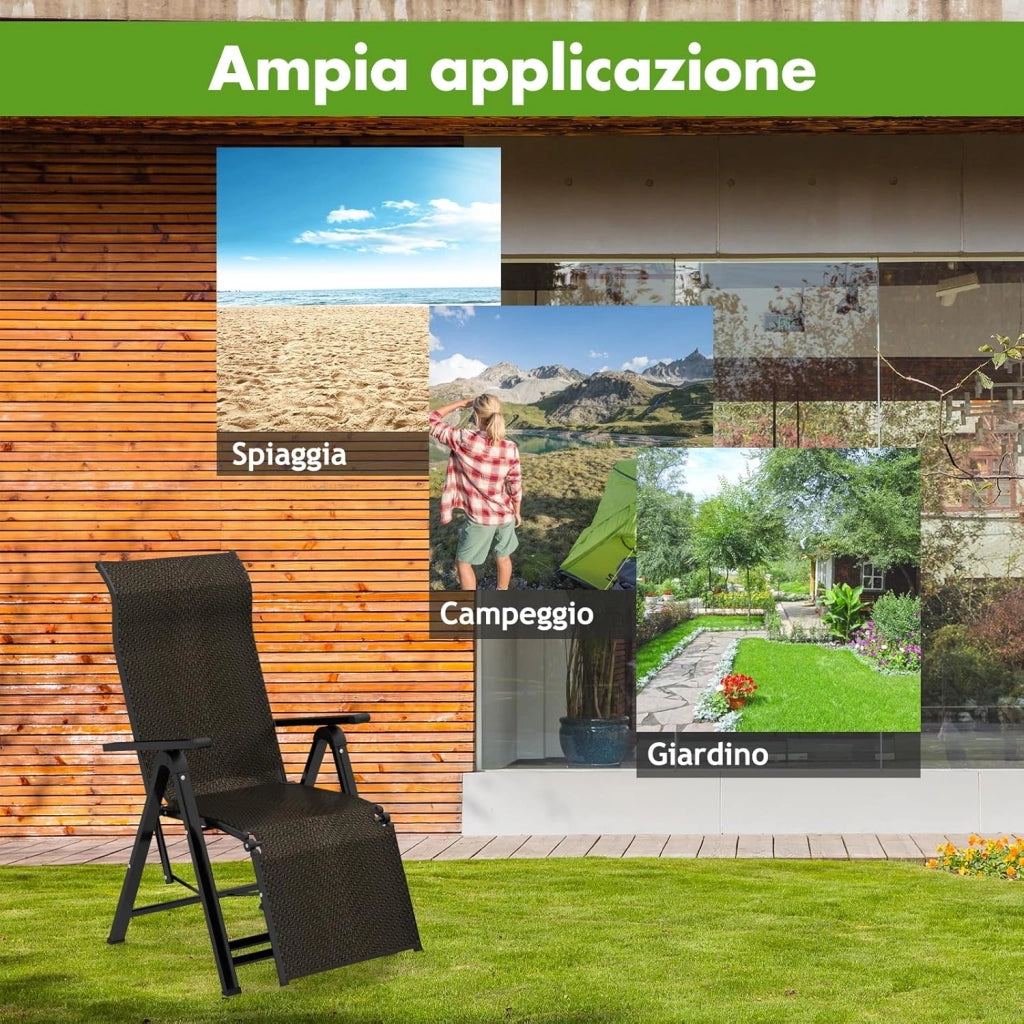 Sdraio da Giardino Pieghevoli,Sedia a Sdraio Doppia Modalità in Rattan e Acciaio, Schienale Regolabile a 10 Posizioni, Braccioli Ampi, Portata 113 kg, per Interno ed Esterno (2 Pezzi