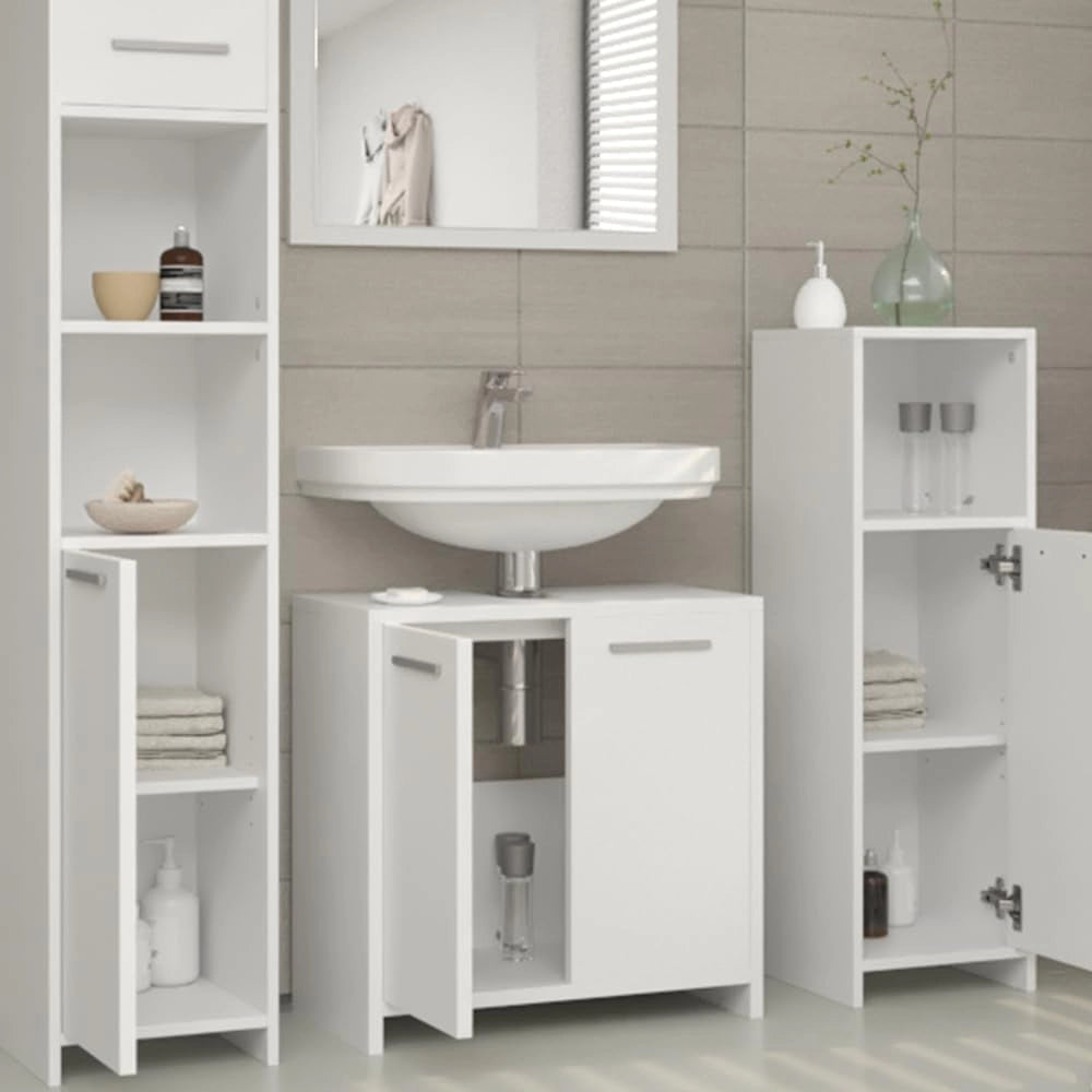 Set mobili bagno Kiko, Bianco, 58 cm, composto da mobile lavabo, pensile a specchio, colonna e base media