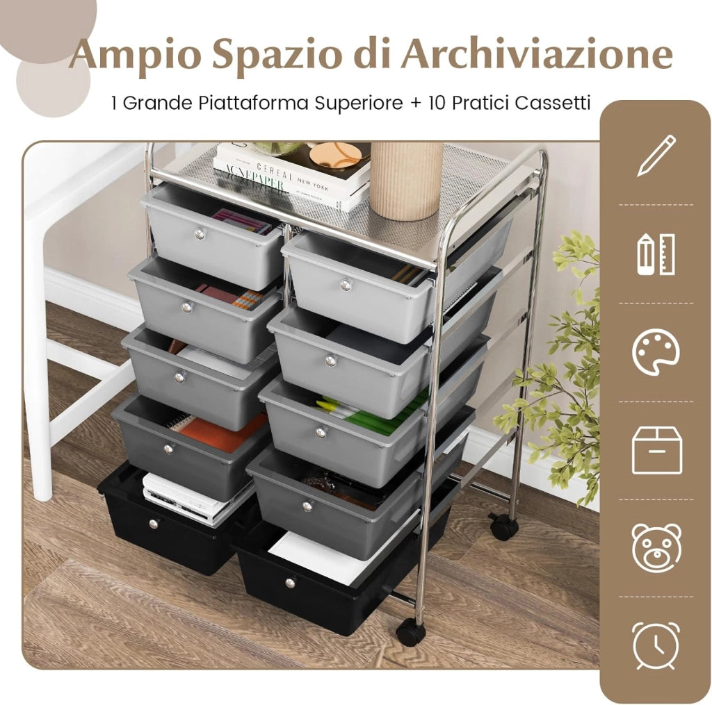 Carrello a 10 Cassetti con Ruote, Carrello di Stoccaggio con Stabilità Elevata, Carrello Multiuso per Casa Ufficio e Scuola, 65,5 x 37 x 87 cm (Sfumatura nera)