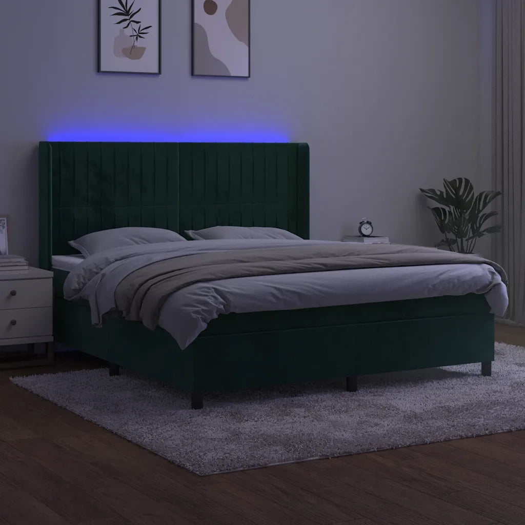 Letto a Molle con Materasso e LED Verde Scuro 160x200cm Vellutocod mxl 123405