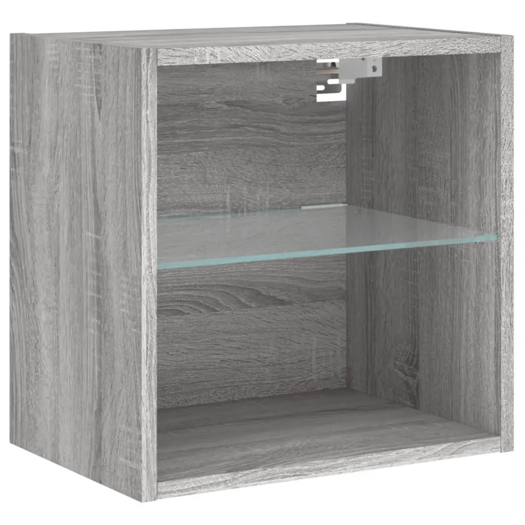 Comodino | Armadio da Notte | Mobiletto da notte con Luci LED a Parete Grigio Sonoma
