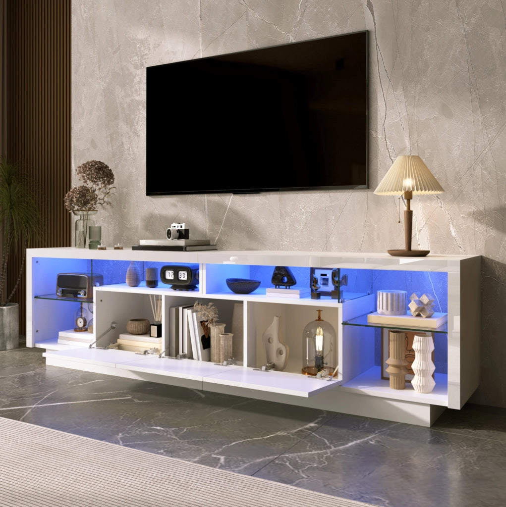 Mobile TV 200x38x55 cm con ante lucide; LED multicolore da app; in truciolare bianco