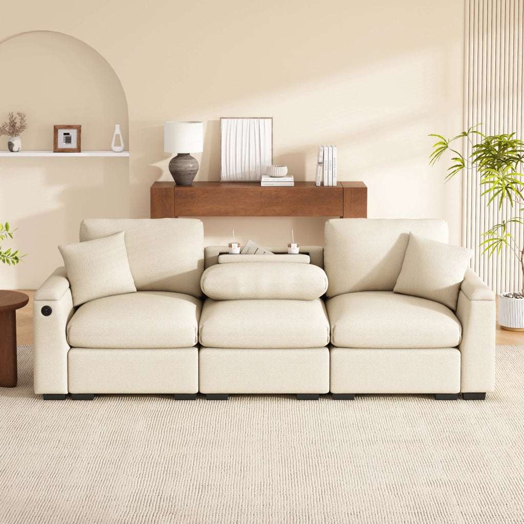 Divano lineare 3 posti con tavolino ribaltabile; USB e contenitore in chenille beige