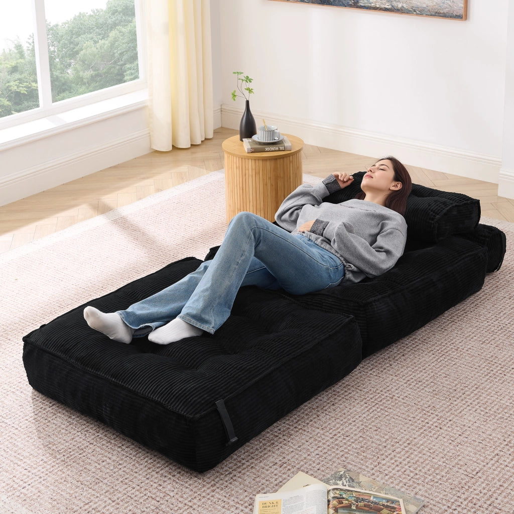 Pouf, divano letto pieghevole, velluto a coste, schienale regolabile, pronto all'uso, nero
