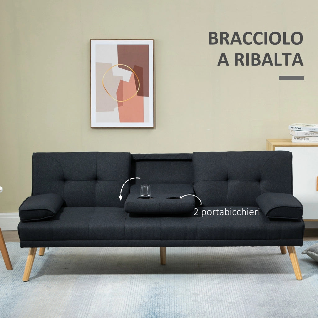 Divano Letto 3 Posti Reclinabile con Tessuto Lino e Tavolino a Ribalta ¨C Zephmum ¨C Grigio
