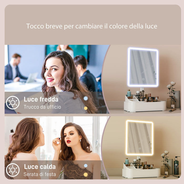 Specchio da Trucco con Luce Regolabile su 2 Livelli Rotazione 180° e Organizer per Trucchi Bianco