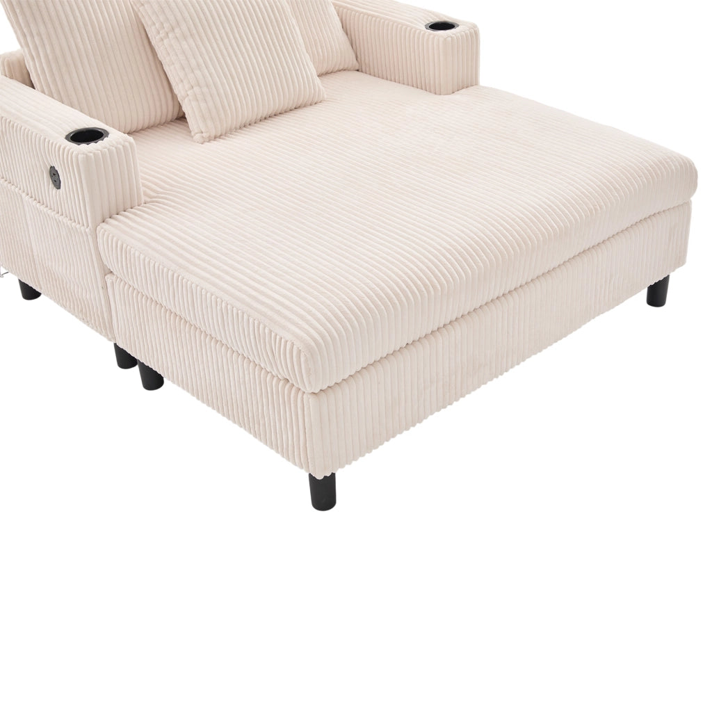 Poltrona relax XXL con illuminazione LED multicolore, USB e portabicchieri, in velluto a coste beige
