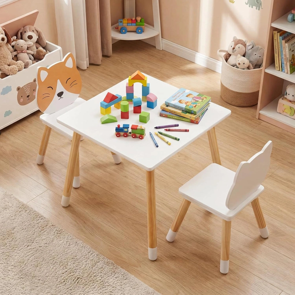 Set Tavolo e Sedie per Bambini 3+ Anni, Set Tavolino e Sedia in Legno a Forma di Gattino, Angoli Arrondati, Sedia Ergonomica con Schienale, Ideale per Giocare, Disegnare e Leggere