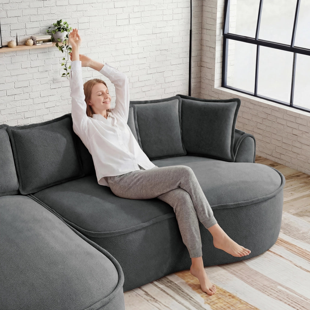 Divano Angolare Chaise Longue con Cuscini ¨C Xylo ¨C Chenille Grigio, Braccioli Larghi