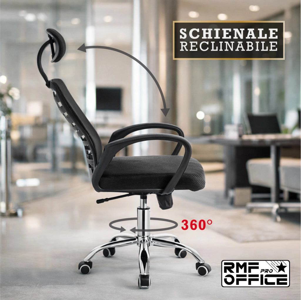 RMF Sedia Ufficio Ergonomica Professionale Reclinabile, Sedia Scrivania in Rete con Seduta Comoda e Rilassante - Poltrona Relax Ufficio con Ruote Girevoli Altezza Regolabile Nero